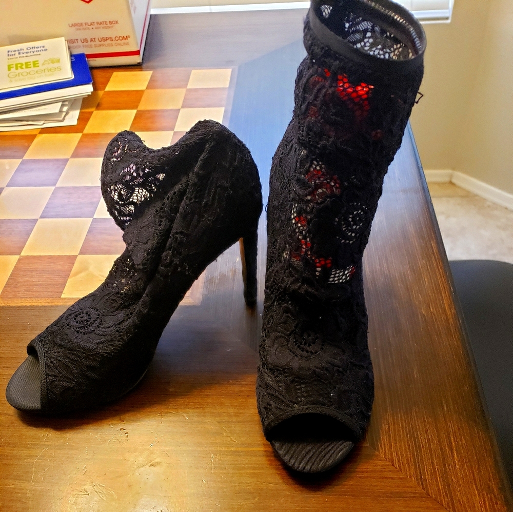 Black lace heeled booties